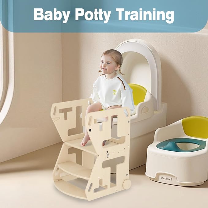 Toddler Step Stool, Potty Training Seat, 2 in-1 Toddler Learning Tower, Folding Adjustable Height Platform Toddler Step Stool with Handles and Wheels, Wooden Convertible Kids Table and Stool Set