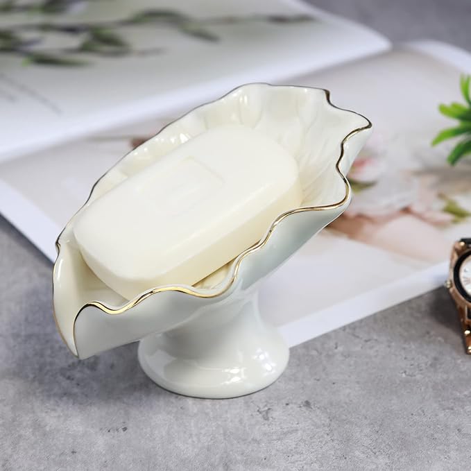 Soap Dish Ceramic White Lotus Leaf Shape Soap Holder Self Draining Soap Dish Waterfall Slot Sponge Holder Bathroom Accessories for Bathroom, Kitchen,Bar Counter.