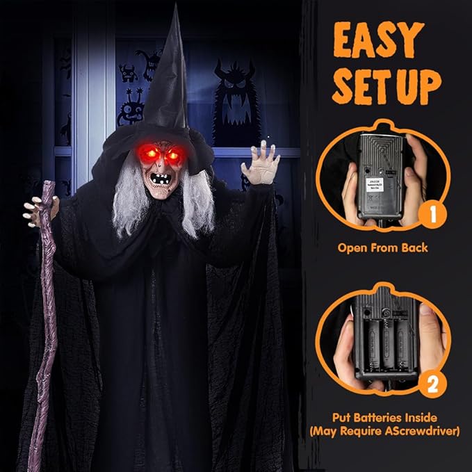 JOYIN 72" Outdoor Halloween Decorations Animatronics Witch with Cane, Life Size Animated Ghost Haunted House Prop Décor with Creepy Sound and Light-up Eyes, Party Supplies