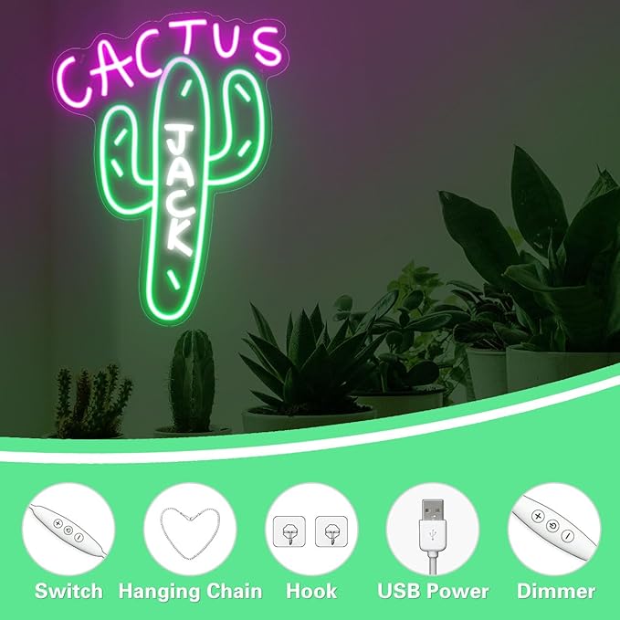 Cactus Jack Neon Signs for Wall Decor Dimmable Pink Green Cactus LED Neon Light for Bedroom Christmas Decoration USB Powerd Plant Light Up Hanging Sign Home Party Birthday Gift 15.7"X11.8"
