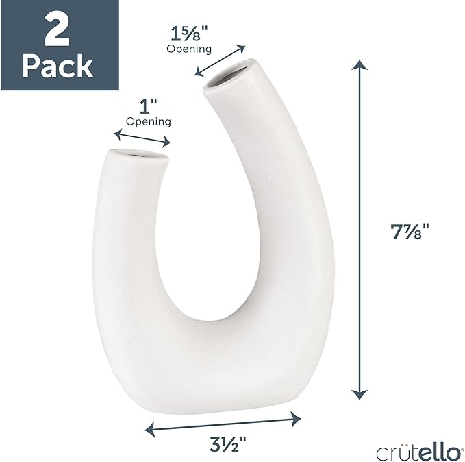 Crutello Minimalist White Ceramic U Style Vase - Set of 2 Modern Home Decor for Mantles, Bookshelves, Tables, Entryways