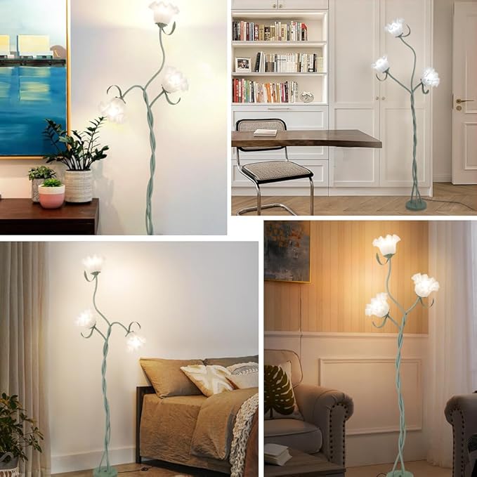 3 Heads Flower Floor Lamp, Vintage Corner Floor Lamp with Flexible Neck Shaft, Standing Lamps Tall Lamp for Home Decor,Living Room,Bedroom,Office, Lily of The Valley Lamp