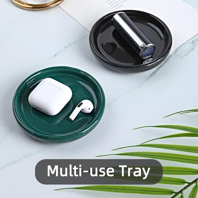 Round Self Draining Soap Dish, Small Ceramic Tray, Cute Jewelry Dish, Keep Soap Dry & Bathroom Décor (Black)
