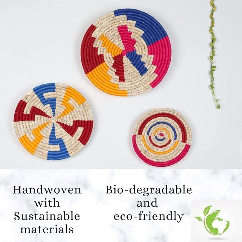 Set of 3 Round Boho Hanging Wall Basket Home Decor for Bedroom, Kitchen, Farmhouse Handmade Decorative Unique Indian Wall Decor Woven Wicker Baskets Christmas Gifting(Yellow Red Blue, Bright)