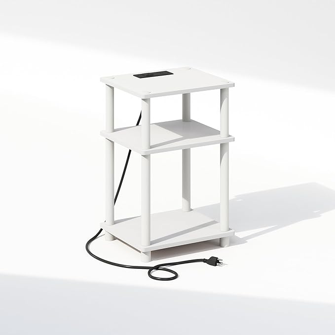 Furinno Just 3-Tier Turn-N-Tube Open Storage Nighstand, Bedside Table with USB and Type-C Charging Station, White/White