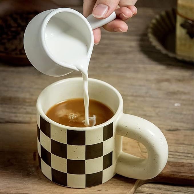 Ceramic Coffee Mug,Tea Cup with Porcelain Fat Round Handle,Dishwasher&Microwave Safe Mug to Decorate,12 oz, Modern,Simplicity Unique Style For Any Kitchen. (Checkerboard)