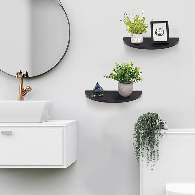 Small Floating Plant Shelves Set of 2 - Rustic Wood Half Circle Shelves for Bedroom Living Room Bathroom Kitchen Office (Black)