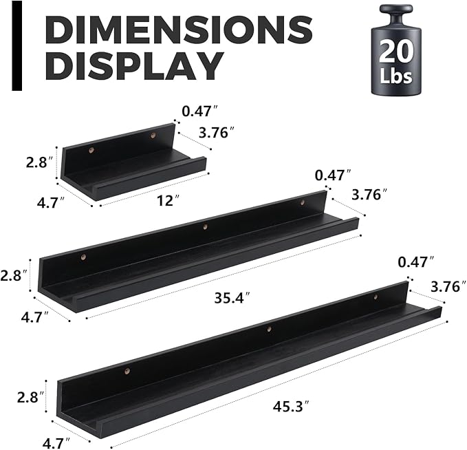 Muzilife 35.4" Large Floating Wall Ledge Shelves with Lip - Set of 2 Wood Floating Shelves - Black Wall Mounted Picture Ledge for Office, Bathroom, Bedroom, Living Room, Kitchen