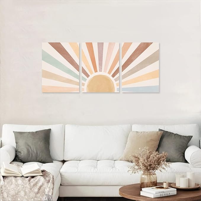 Boho Sun Wall Art Set of 3, Framed Canvas Wall Art Rainbow Sun Rising on the Horizon Geometric Nature Illustrations Line Art Wall, Office, 12"x16" Watercolor