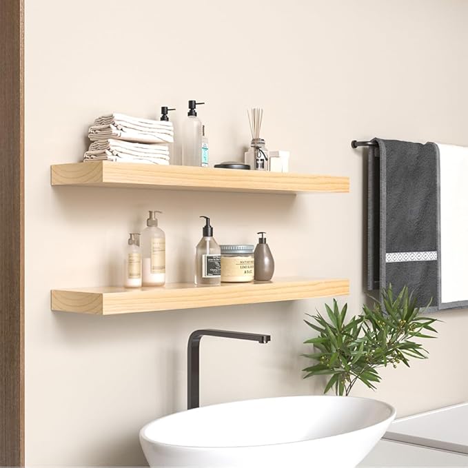 Habudda Floating Shelves for Wall, Bathroom Bedroom Kitchen Book Shelf, Rustic Wooden Home Decor Plant Display, Varnished Natural Solid Wood, Mounted Invisible Bracket, 30" Set of 2