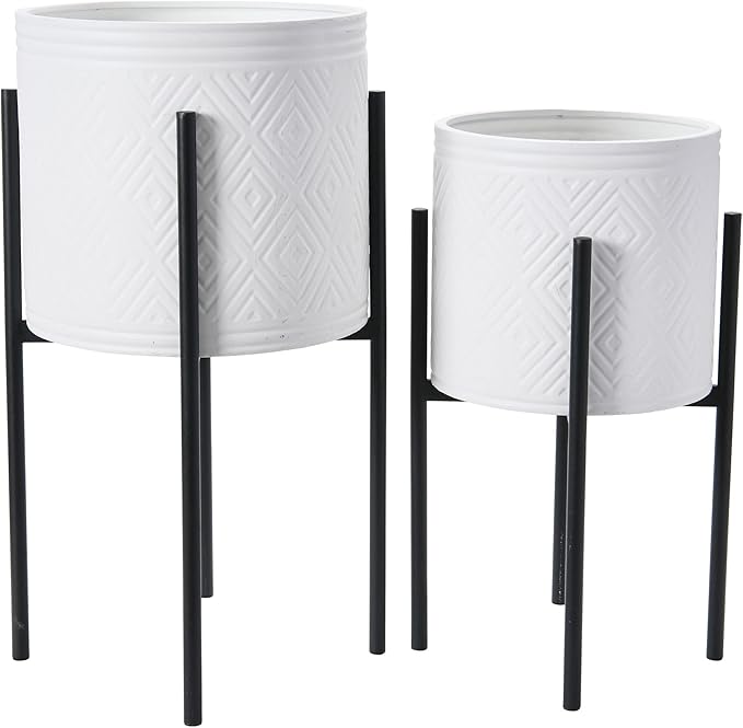 Main + Mesa Modern Boho Embossed Metal Planters with Stands, White and Black, Set of 2 Sizes