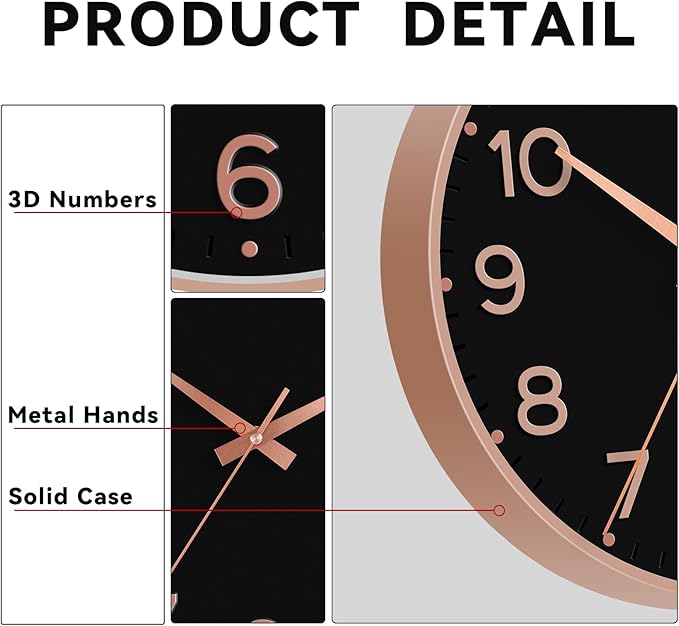 Wall Clock, Silent Wall Clocks Battery Operated 8 Inch-Modern Non Ticking Analog Clock Decorative for Kitchen Office Bathroom Bedroom(Black Rose Gold)