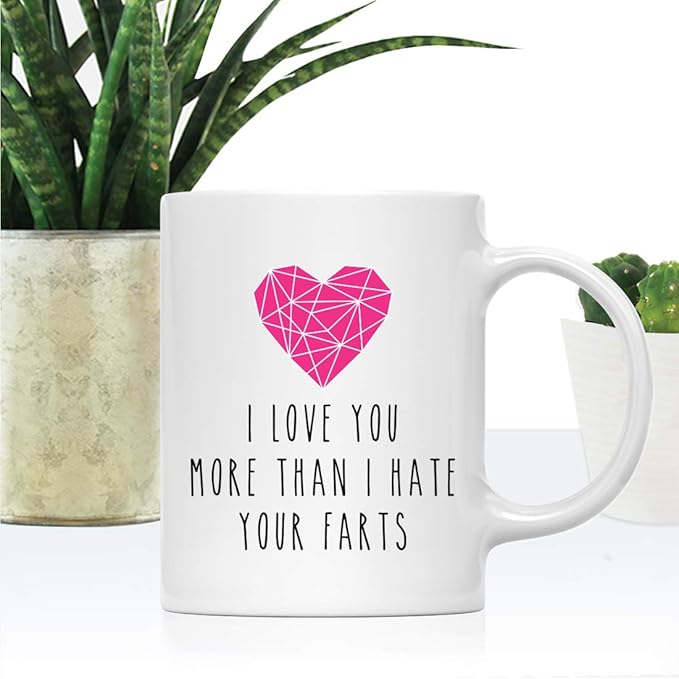 Andaz Press Valentine’s Day Funny 11oz. His Her Couples Coffee Mug Gift, I Love You More Than I Hate Your Farts, Pink Heart Graphic, 1-Pack, Gift Box