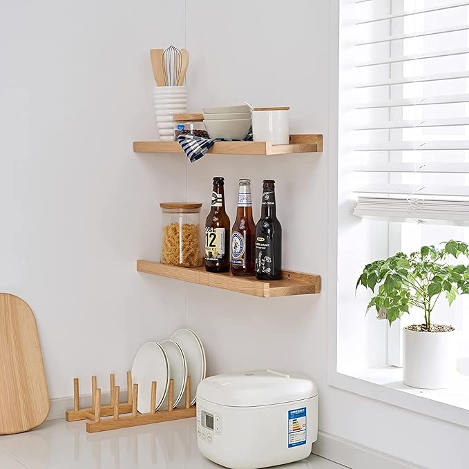 16 Inch Floating Shelves Wall Mounted Set of 2, Rustic Wall Shelves for Decor and Storage, Natural Solid Oak Wood Shelf, Picture Ledge for Bedroom/Bathroom/Living Room/Kitchen, Natural Color, 16*4*1.5