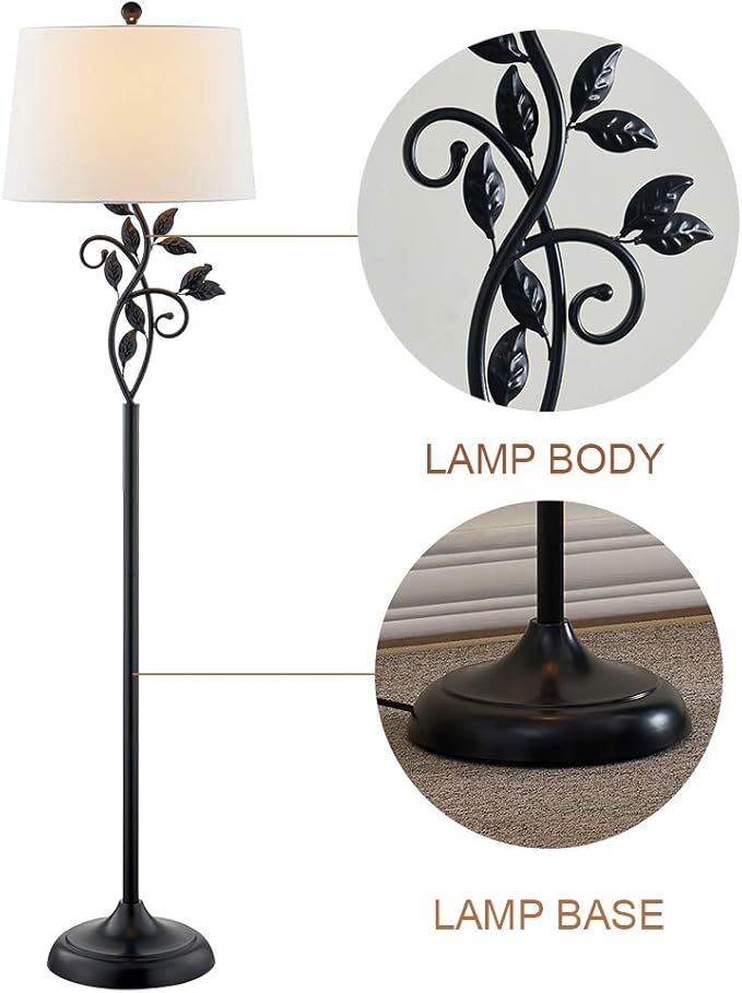 Maxax Traditional Floor Lamp, Reading Standing Light with White Fabric Shade, 100W 3-Way Dimmable Metal Leaf Floor Lamp for Living Room and Bedroom, Black