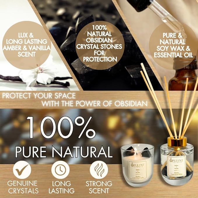 Crystal Candle & Diffuser Set with Obsidian – Amber & Vanilla Aroma by Opulent Scents | 100% Natural Soy Wax & Oils | Healing & Protection Gift for Home