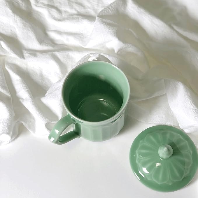 Porcelain Lotus Tea Cup with Lid and Handle, 12 oz Unique Coffee Mug, Microwave Dishwasher Safe, Gifts for Women and Men, Aesthetic Chinese Celadon 1 Pack (Olive Green)