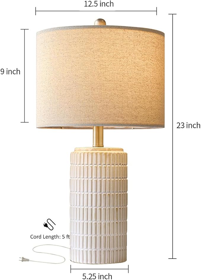 PoKat 23'' Bedside Table Lamp for Bedroom Nightstands, Ceramic Lamp for Living Room, White Night Stand Light with Round Linen Shade, Modern, Silver