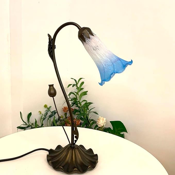 Bieye L10852 Lily Flower Blown Glass Accent Table Lamp for Living Room Bedroom Decoration (1-Light, Blue)