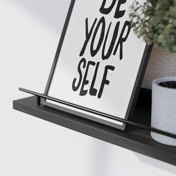 WOPITUES Floating Shelves with Black Metal Guardrail, Shelves for Wall Decor Set of 3, Wall Shelves for Bedroom, Bathroom, Kitchen, Living Room, Plants, Picture Frames, Art- Black