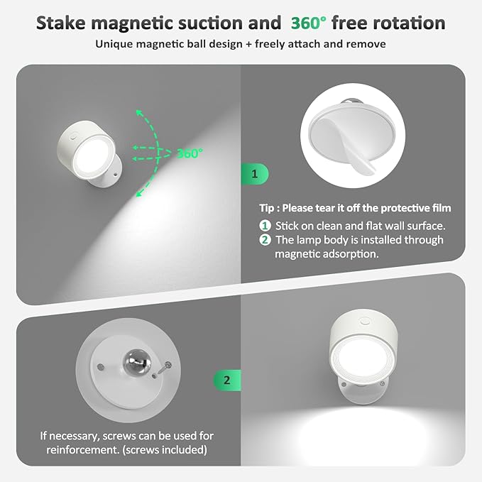 LED Wall Sconces 2 Pcs with Remote, Wall Mounted Lights Rechargeable Battery Operated, 3 Color Temperatures & Dimmable Wall Lamp Magnetic 360° Rotation Wireless Light for Bedroom Living Room