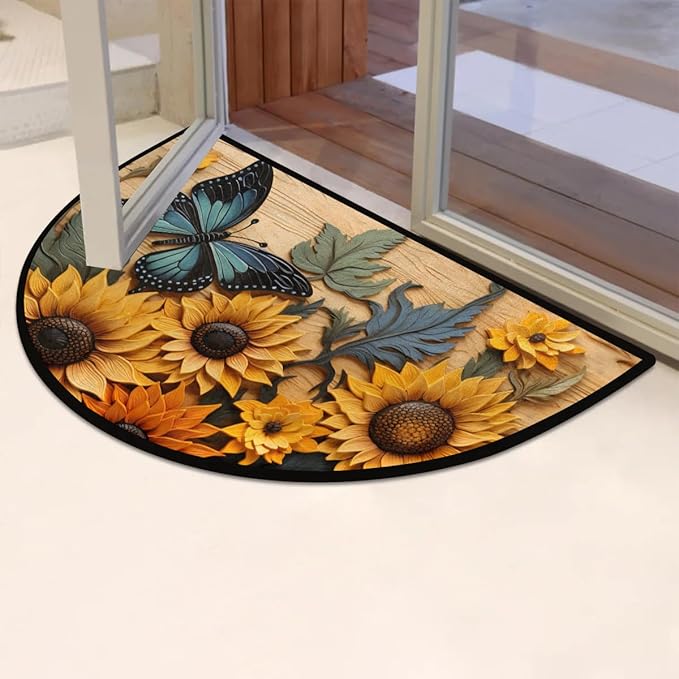 Half Round Door Mat Sunflower Butterfly Non Slip Bath Mats Absorbent Front Porch Rugs Shower Mat for Living Room Bedroom Kitchen Bathroom Floor Home Decor