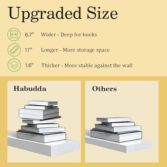 Habudda Floating Shelves, Natural Wall Shelf, White Wooden Rustic Decor for Bathroom Kitchen Bedroom, 17 Inches Hanging Mounted Invisible Bracket, 2 Set