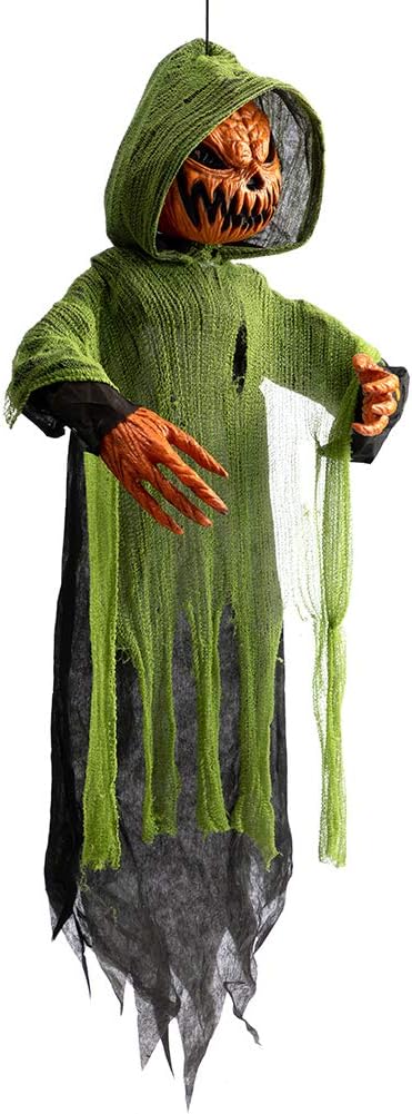 HollyHOME Animated Hanging Jack-O'-Lantern with Glowing Head and Creepy Sound Halloween Decorations Outdoor Haunted House Prop Decor 48 Inch