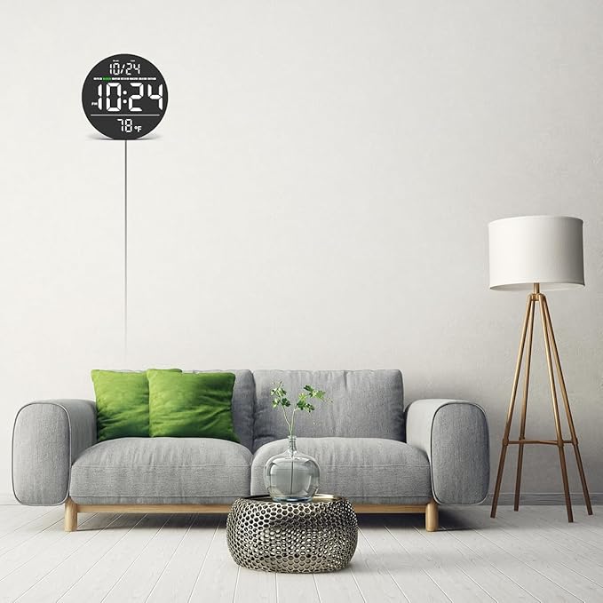 Digital Wall Clock with Large LED Display, Auto-Brightness, Temperature, Low-Reflectivity, Small Silent Non-Ticking Modern Electric Wall Clock for Bedroom, Living Room, Office, Classroom, Farmhouse