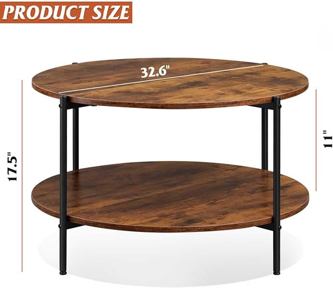 WLIVE Round Coffee Table, 32.6" Small Coffee Table with Storage Shelf, 2-Tier Circle Wood Center Table for Living Room, Apartment, Rustic Brown