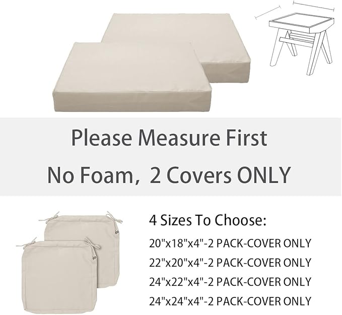 FUNHOME Outdoor Cushion Covers 24 x 24 x 4 inch,Set of 2,Replacement Square Seat Cushion Cover for Patio Furniture Chair,Water Resistant,Fade-Resistant Slipcover Only,No Insert(Light Beige)