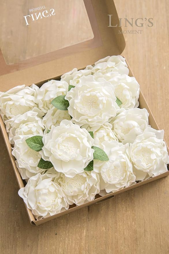 Ling's Moment Flowers 16pcs Ivory Blooming Peonies Artificial Flowers with Stem, Artificial Peony Flowers for DIY Wedding Decorations Centerpieces Bouquets Boutonnieres