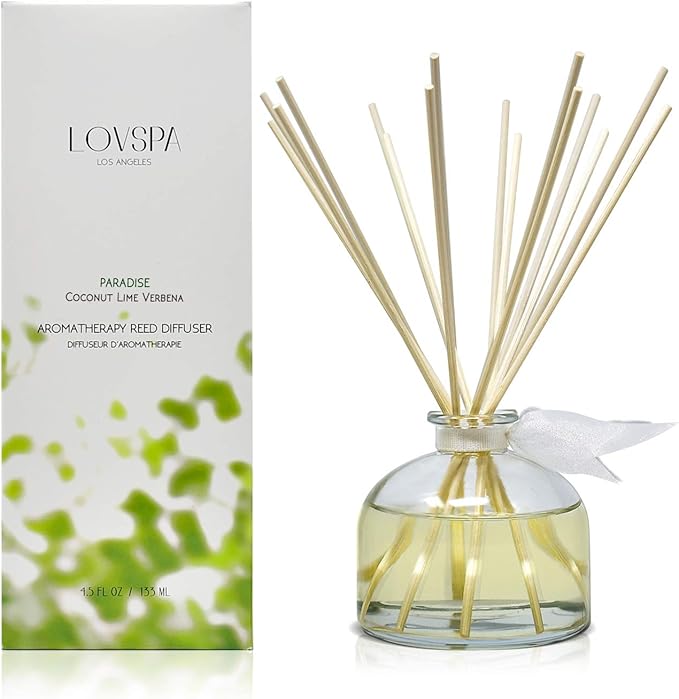 LOVSPA Coconut Lime Verbena Scented Reed Sticks Diffuser Set - Paradise by LOVSPA Fragrances - Tropical Blend of Lemon Verbena, Fresh Limes & Coconut - Made in The USA