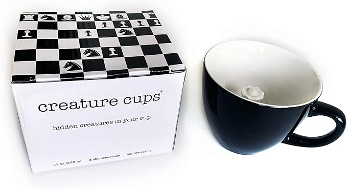 creature cups Chess Queen Ceramic Cup (11 Ounce, Black) - Hidden Chess Piece Statue Inside Mug - Queen's Gambit - Holiday and Birthday Gift for Chess, Coffee & Tea Lovers
