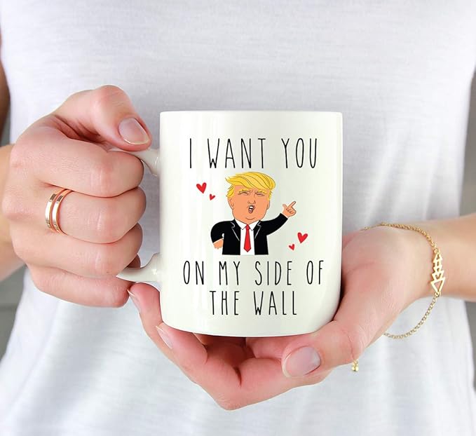 Andaz Press Valentine’s Day Funny 11oz. His Her Couples Coffee Mug Gift, I Want You On My Side Of The Wall, Donald Trump Heart, 1-Pack, Trump Valentines Day Cup Valentines Mugs