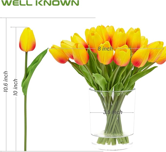 WELL KNOWN 20 Pcs Tulips Artificial Flowers in Vase with Faux Water, Faux Tulips Real Touch, Floral Arrangements Artificial with Vase Centerpiece for Bathroom Home Decoration Orange