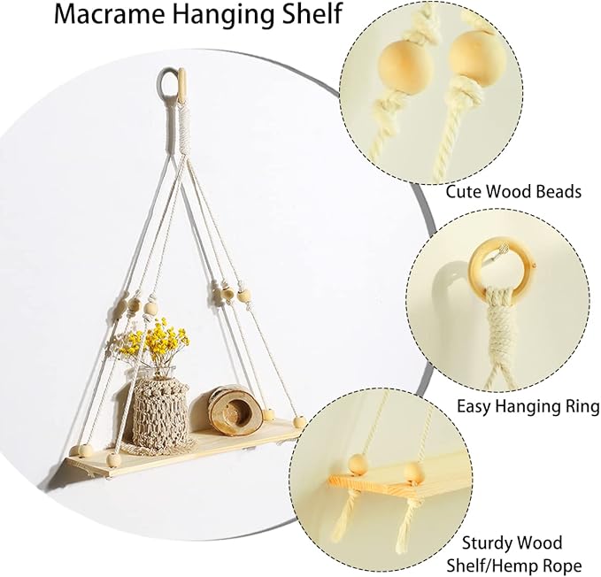 Artilady 2 Pack Wooden Wall Hanging Shelves - Macrame Hanging Plant Shelf Boho, Handmade Rustic Hanger Planter Rack Flower Pot Stand Holder Storage Floating Shelves