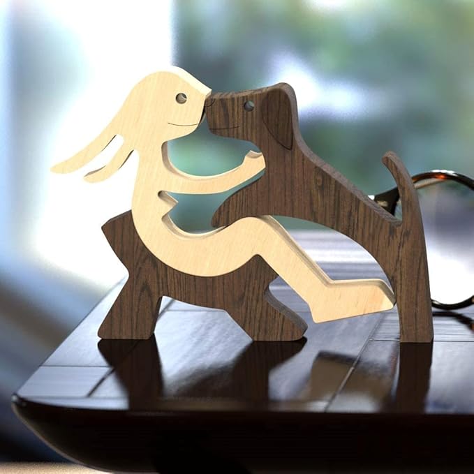 Hand Carved Wooden Woman & Dog Statue - Home Office Decor Wood Human & Dog Sculpture, Unique Gift to Remember Friendship