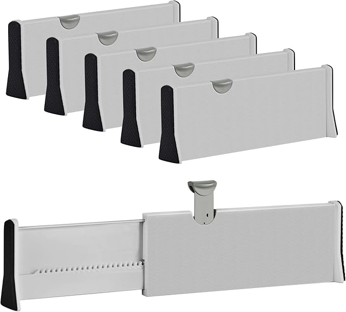 Drawer Dividers Organizer 5 Pack, Adjustable Separators 4" High Expandable from 11-17" for Bedroom, Bathroom, Closet,Clothing, Office, Kitchen Storage, Strong Secure Hold, Foam Ends, Locks in Place