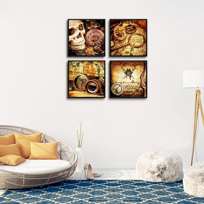 hyidecorart Black Framed Wall Art For Living Room Office Wall Decor Pictures Pirate Ship Compass Restoring Ancient Ways Wall Painting Prints Artwork Bedroom Decor Dormitory Room Home Decor 4 Piece