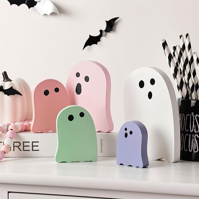 Halloween Table Decorations Indoor: 5ct Halloween Cute Ghost Decorations, Pink White Macaron Colors Ghosts Wood Signs, Pastel Girly Halloween Desk Decor for Mantel Home Office Farmhouse Party Gifts
