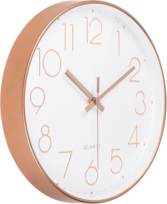 Wall Clock Battery Operated Non-Ticking Modern Analog Wall Clocks for Living Room, Kitchen, School (12Inch, Rose Gold)
