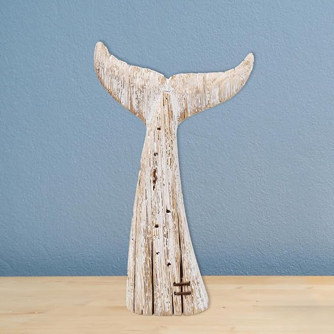 E-view Wood Whale Statue Wooden Nautical Decor for Home - Antique Fish Figures Decoration Animal Statues Beach Themed Wall Art (Whale Tail Figurine)