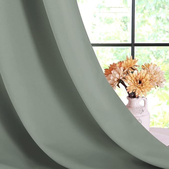 NICETOWN Thermal Insulated Greyish Green Curtains for Living Room, Window Treatment Solid Grommet Room Darkening Drape Panels for Bedroom (Set of 2, 70 by 95 inches Long)