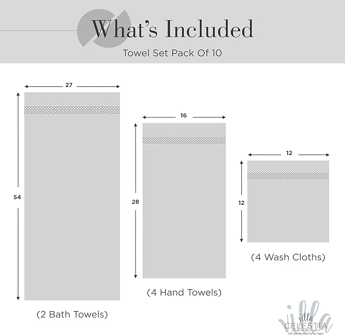 100% Combed Cotton Bathroom Towel Set of 10- 2 Bath Towels, 4 Hand Towels, 4 Wash Cloths, Sustainable, Soft, Highly Absorbent 10 Piece Cotton Bath Towel Set Ideal for Hotels, Spa, Bathroom, Dorm, Grey