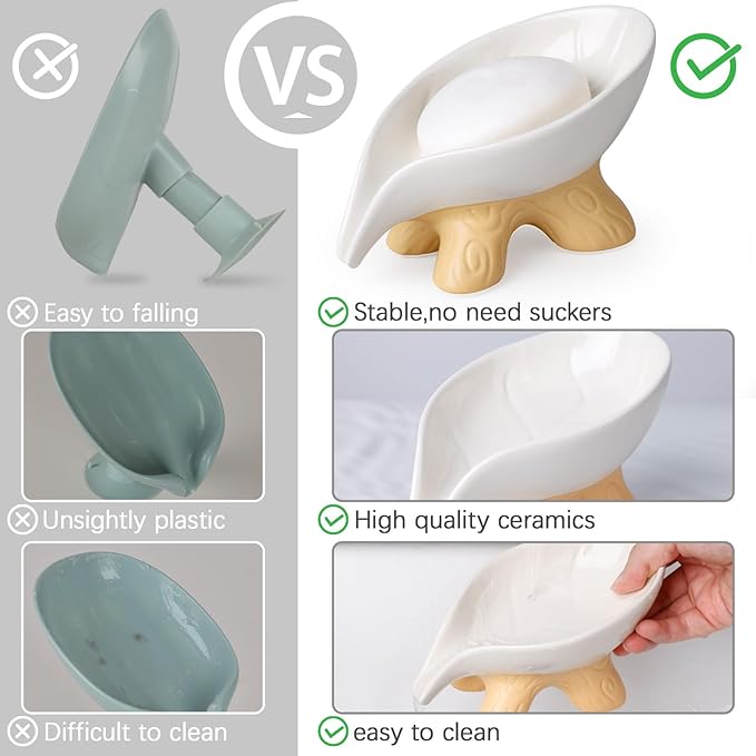 Soap Dish, Soap Holder Self Draining Leaf Shape Soap Dishes, Ceramic Draining Soap Dish for Bathroom Shower, White Farmhouse Soap Holder with Stump, ANTIS'S HOME