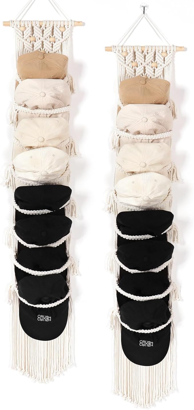 AceList 2-Pack Organizer for Baseball Caps, Macrame Hat Hangers for Wall and Door, Boho Hat Rack with Macrame Wall Decor - Effortless Storage and Display of Hats (Up to 32 Caps)