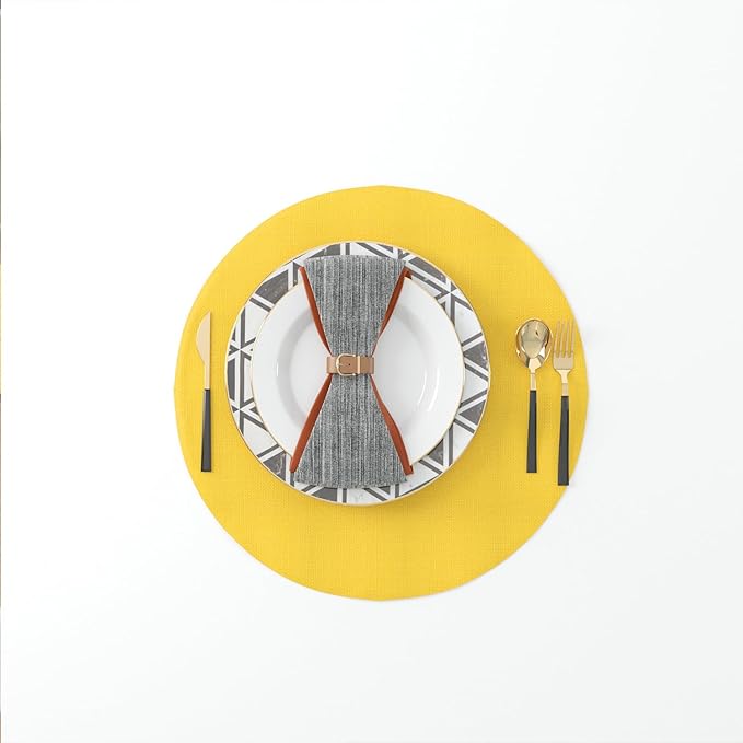 Set of 4 Handmade Round Placemat 15 Inch Soft Linen eco-Friendly Fabric Handcrafted Machine Washable Indoor & Outdoor Tablemat Yellow
