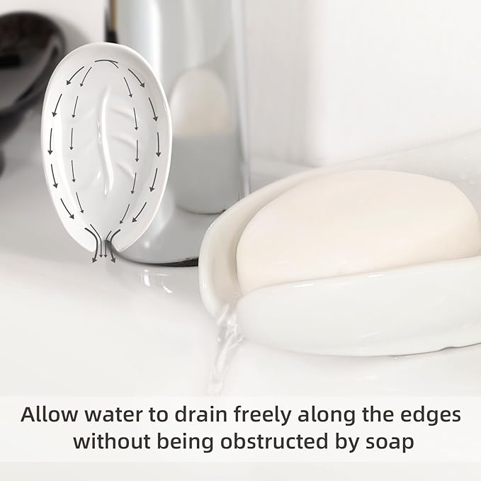 Soap Holder, Self Draining Soap Dishes 2PCS, Leaf Shape Ceramic Bar Soap Holder Drain Soap Dishes for Bathroom Sink Kitchen, Easy to Clean Keeps Soap Dry, White, ANTIS'S HOME