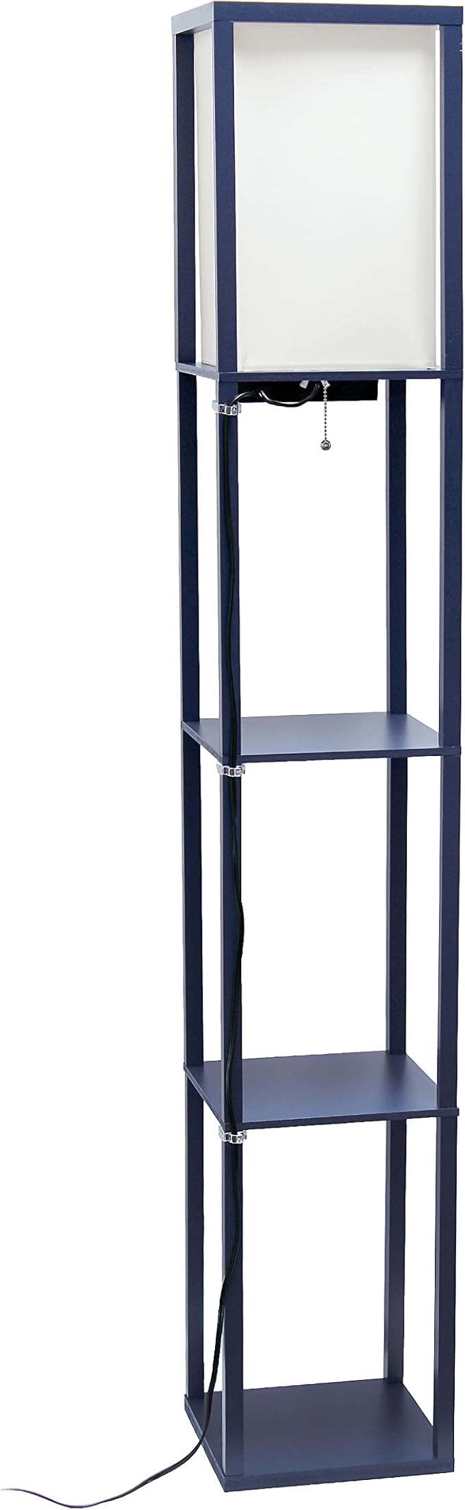 Simple Designs LF1037-NAV Floor Lamp Etagere Organizer Storage Shelf with 2 USB Charging Ports, 1 Charging Outlet and Linen Shade, Navy Blue